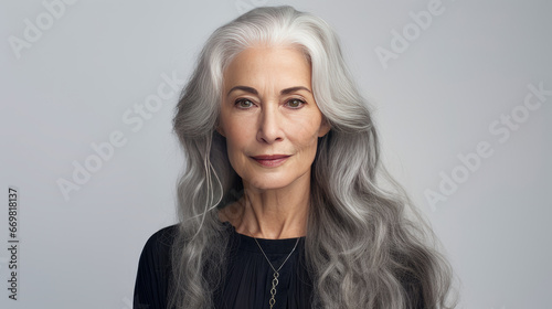 Elegant, smiling, elderly, chic, woman with gray long hair and perfect skin, on a gray background, banner.