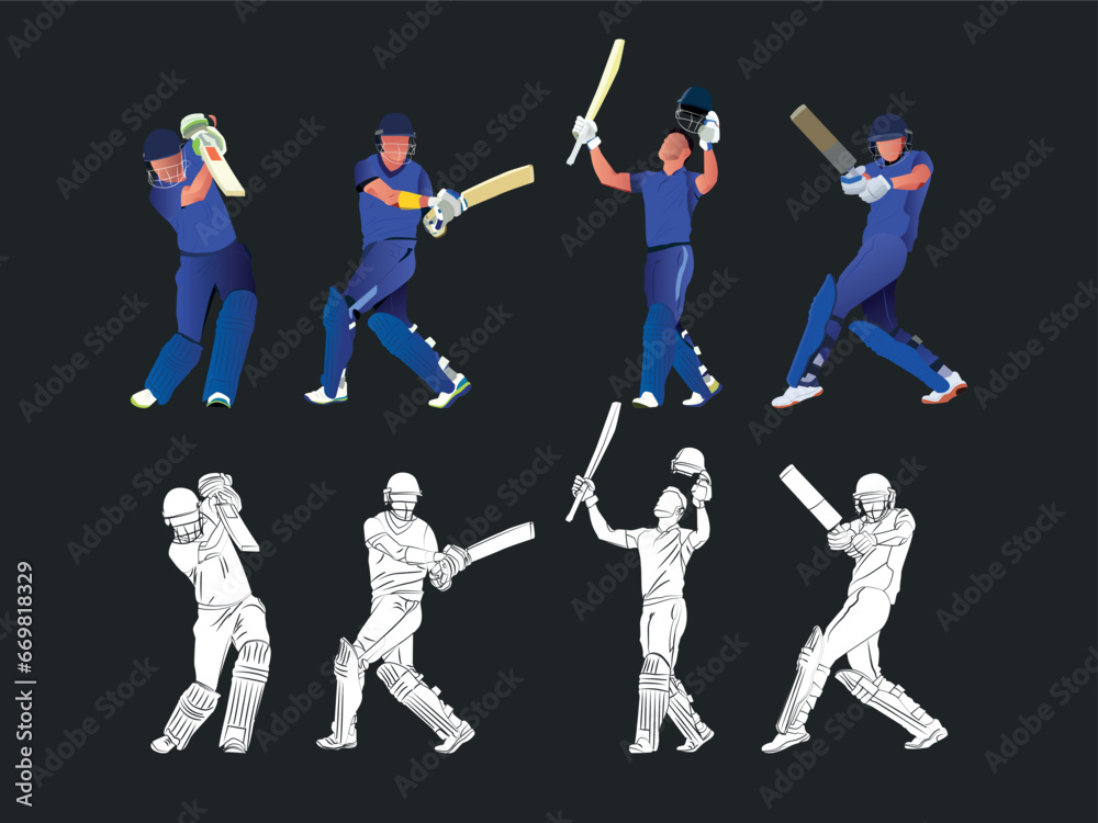 Set of batsmen playing cricket. Colorful illustration and Silhouette art.