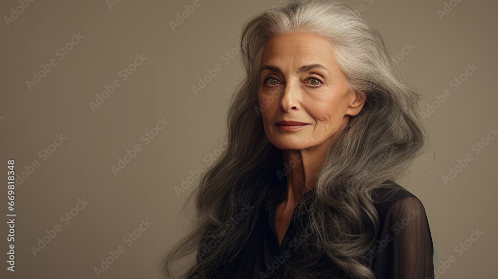 Elegant, smiling, elderly, chic, woman with gray long hair and perfect skin, on a creamy beige background, banner. Elegant, smiling, elderly, chic, woman with gray long hair and perfect skin, on a creamy beige background, banner.
