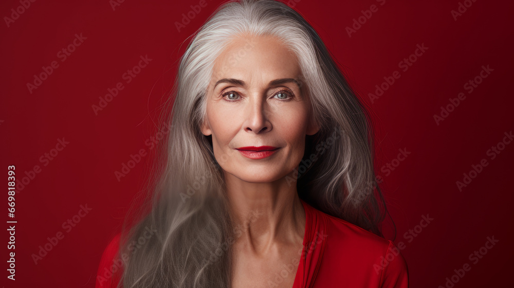 Fototapeta premium Elegant, smiling, elderly, chic, woman with gray long hair and perfect skin, on a red background, banner.