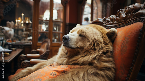 Portrait of a sleeping bear on a sofa in a vintage interior photo