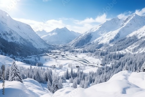 Panoramic mountains near Briançon, Serre Chevalier resort in France. Ski resort landscape on clear sunny day. Snowy mountains, winter vacation panorama. Generative AI photo