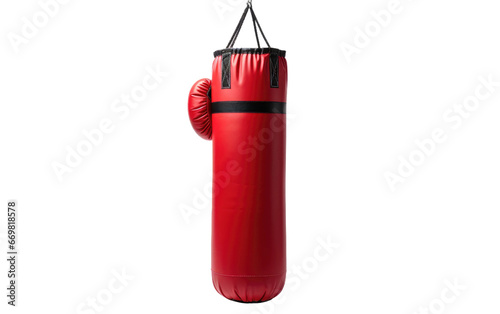 A stunning Red Punching Bag is Hanging Isolated on a Transparent Background PNG. © Haider
