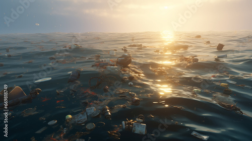 sunset over the Garbage in the sea