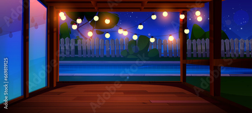 Garden backyard view from house terrace vector. Home outdoor patio and swimming pool at night in summer. Outside garland bulb light on empty cottage balcony. Courtyard exterior decoration at nighttime