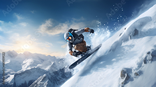 Sport man skiing on snow mountain in winter . Active and extreme sport.Skiers' Cool Sliding Stunts AI generative