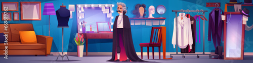 Man dress near mirror in backstage makeup room. Cartoon wardrobe interior with male character dressing costume and make up. Indoor cloakroom for artist with mannequin and bulb light illustration.