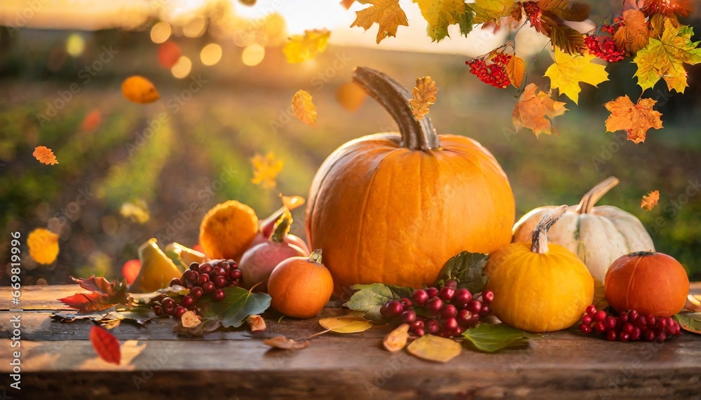 Pumpkin and autumn leaves on wooden table Thanksgiving Day Pumpkin and autumn leaves on wooden table Thanksgiving Day
