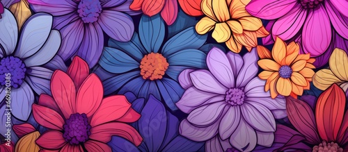 Abstract hand drawn flowers in various colors forming a seamless pattern background