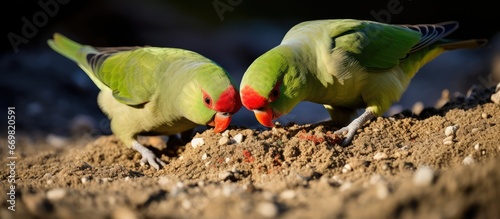 Captured photo of two red crowned parakeets looking for food in Rotorua NZ photo