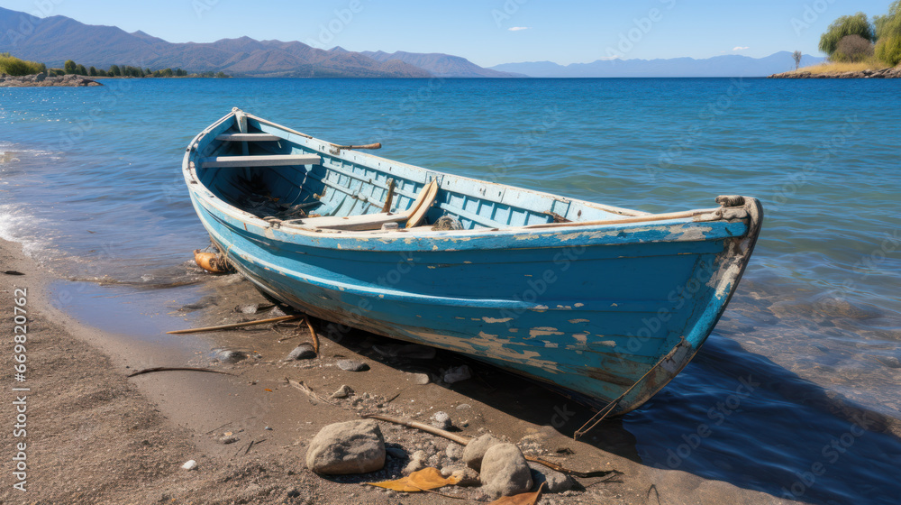 Blue boat ashore on serene mountain lake