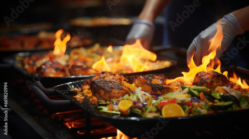 Sizzling grilled dishes on the stove