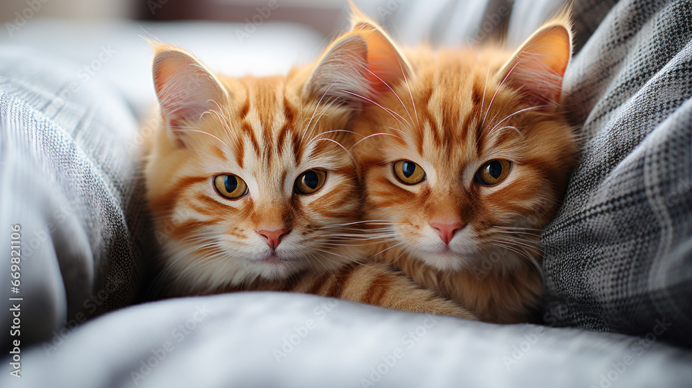 Close-up of two ginger kittens nestled in soft fabric