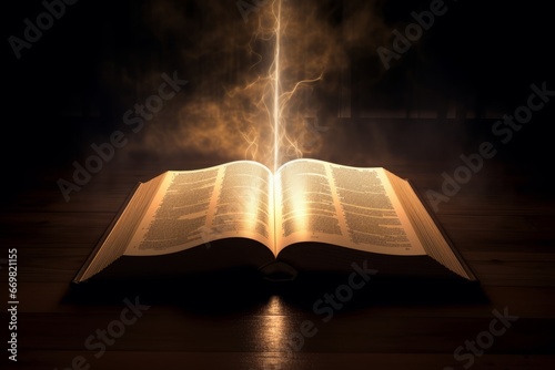 Intriguing image of a Bible with a string of light bisecting it, evoking themes of guidance and revelation.