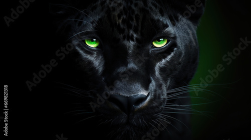 Close up of a leopard face with green eyes on a black background.