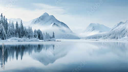 A minimalist composition capturing the tranquility of winter, with snow-covered landscapes and crisp reflections on the frozen lake against the backdrop of mountains.