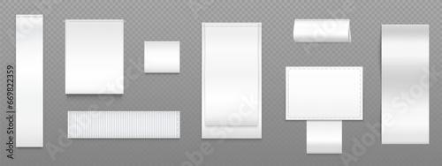 Textile sewn labels for tagging clothes and placing brand, care and laundry information. Realistic vector illustration set of mockup and template of white silk fabric tags and badges with stitches.