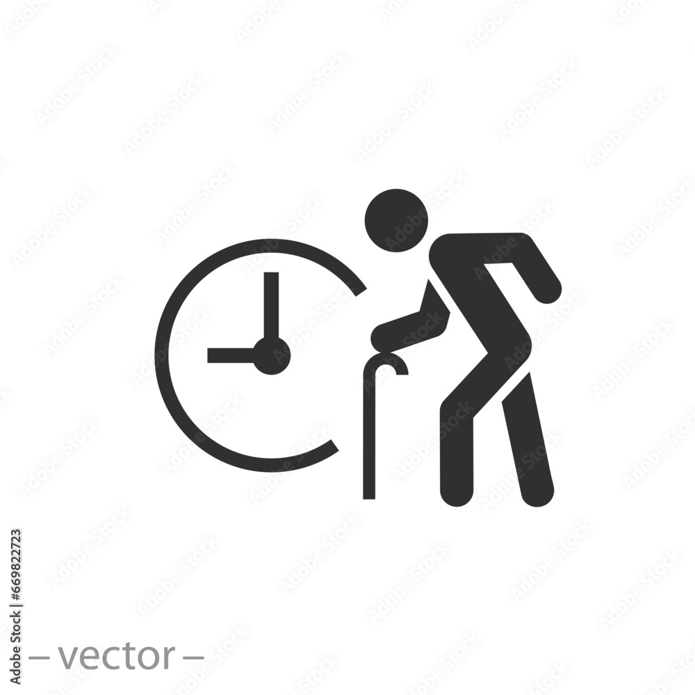 pensioner with clock icon, pension age, retirement time, flat symbol on white background - vector illustration pensioner with clock icon, pension age, retirement time, flat symbol on white background - vector illustration