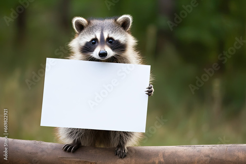 Funny baby raccon holding a blank poster. Copy space for your text photo