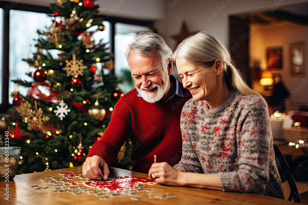 Middle-aged happy couple doing puzzle near christmas tree Middle-aged happy couple doing puzzle near christmas tree