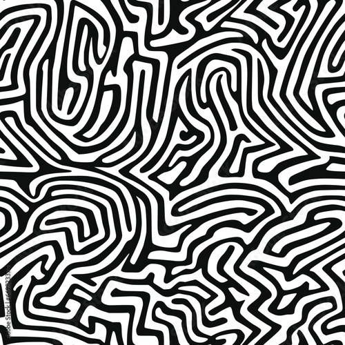 Seamless pattern. Abstract black doodles, curls, maze. Vector background.