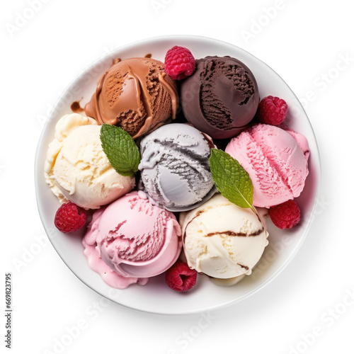 Assorted ice cream balls on a plate on a white background