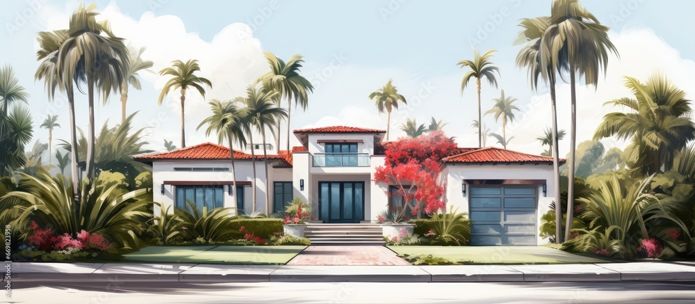 Elegant house with gray walls white details red roof tropical front garden palm trees grass sidewalk driveway and garage - obrazy, fototapety, plakaty 