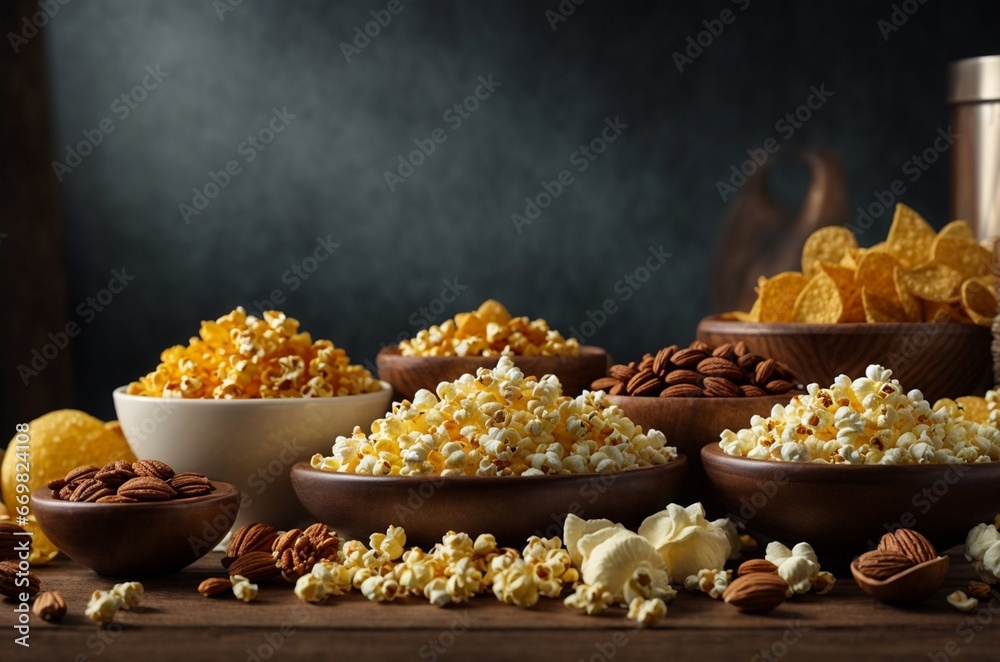Variety of snacks in wooden bowls. Nuts, corn, raisins, peanuts, walnuts, pecans, cornflakes, cranberries. Variety of snacks in wooden bowls. Nuts, corn, raisins, peanuts, walnuts, pecans, cornflakes, cranberries.