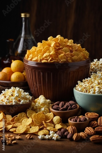 Variety of snacks in wooden bowls. Nuts, corn, raisins, peanuts, walnuts, pecans, cornflakes, cranberries.