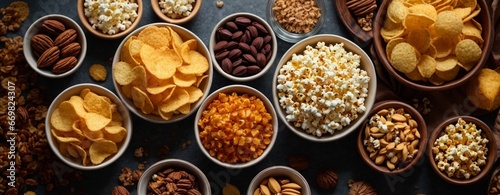 Variety of snacks in wooden bowls. Nuts, corn, raisins, peanuts, walnuts, pecans, cornflakes, cranberries.