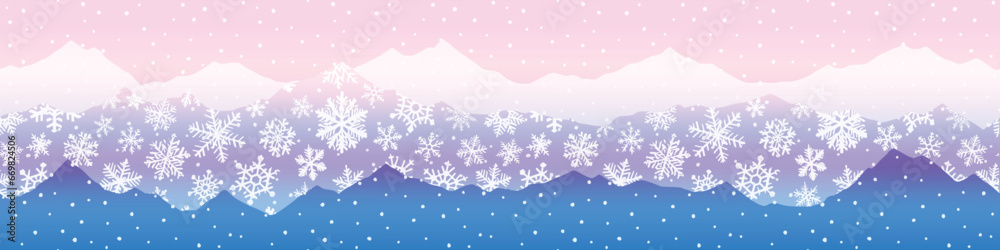 Stylized winter landscape, mountains, snowfall and snowflakes, seamless border Stylized winter landscape, mountains, snowfall and snowflakes, seamless border