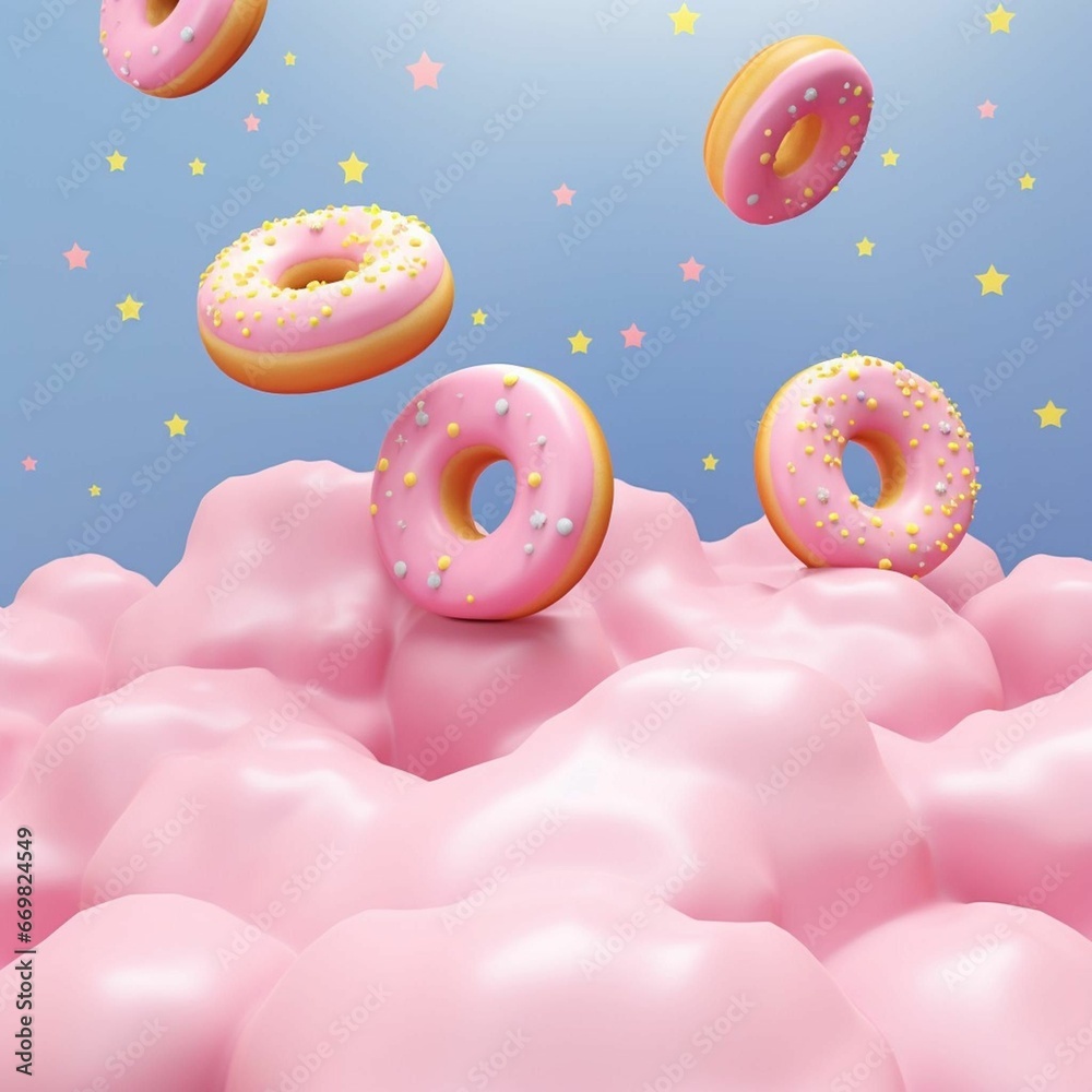 Donuts floating on clouds placed on the edge of the photo, baby pink, purple, blue, yellow stars, cute, ultra-realistic, girly--ar 16:9--v 5 - Image #3