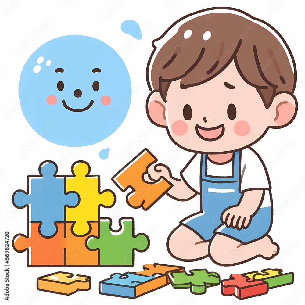 Illustrations A child playing a puzzle with a happy smiling face Illustrations A child playing a puzzle with a happy smiling face