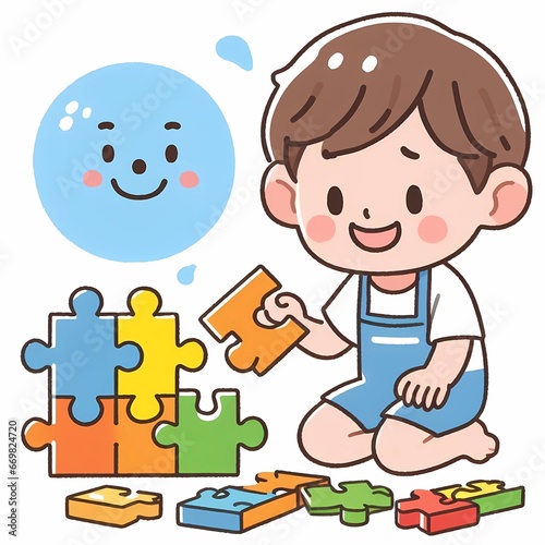 Illustrations A child playing a puzzle with a happy smiling face