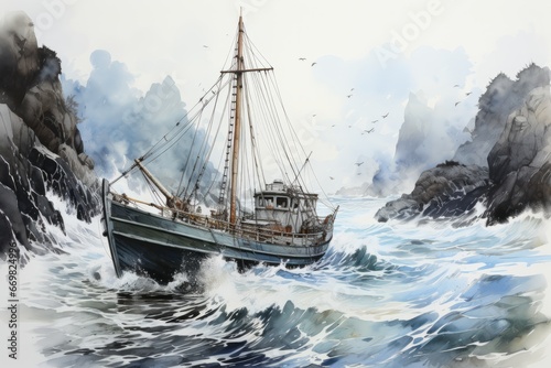 Ship Shipwreck Sea Waves Tall Ship watercolor painting Abstract background.