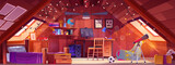 Cartoon teenage boy bedroom in attic of house, furniture and accessories for active sports. Vector room with bed and table with computer, shelves with books and athletic cups, telescope and toys.