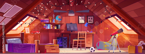 Cartoon teenage boy bedroom in attic of house, furniture and accessories for active sports. Vector room with bed and table with computer, shelves with books and athletic cups, telescope and toys.