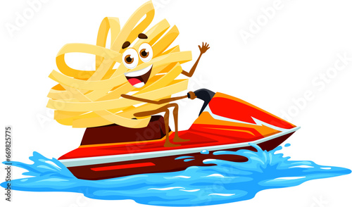 Cartoon fettuccine character riding jet ski on sea waves, vector summer beach vacation. Italian pasta personage waving hand with happy smiling face. Macaroni character enjoying ride on water scooter