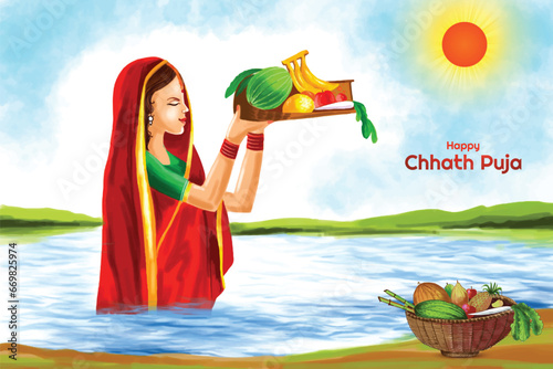 Happy chhath puja holiday background for sun festival of india photo