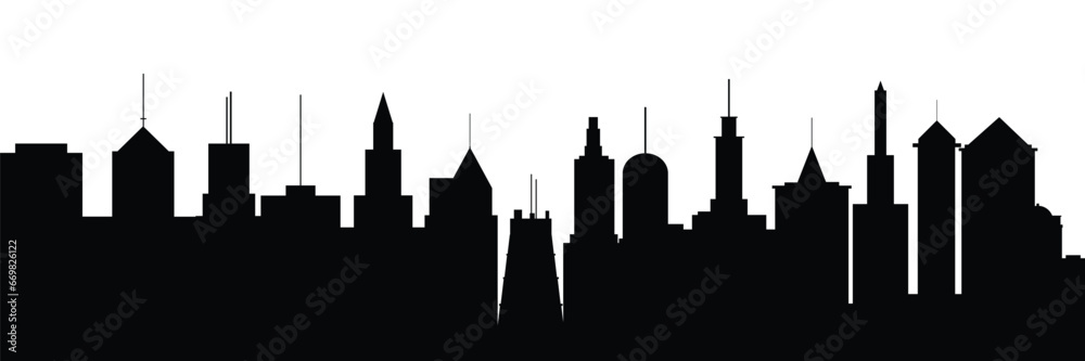 Silhouette city background. Office buildings silhouette. Hand drawn vector art. 