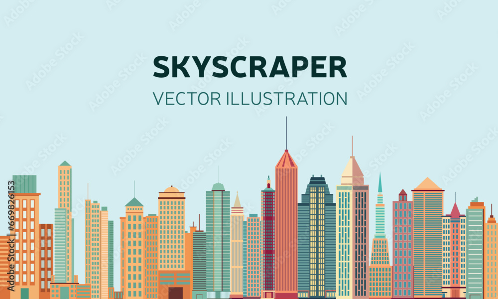 Naklejka premium Skyscrapers background in flat style. Vector banner with office buildings. Hand drawn vector art. 