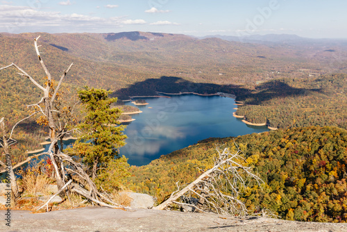 Autumn mountain landscape with lake from a bird's eye view on sunny day.Mountains covered with trees in autumn with red, orange leaves. Autumn in the forest. Table Rock, Great Smokey Mountain, SC, USA photo