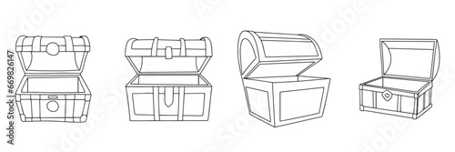 Set of open empty chest in doodle style. Outline empty treasure chests. Hand drawn vector art. 
