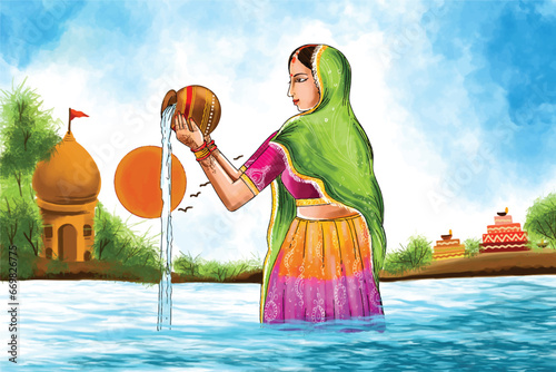Indian women for happy chhath puja card background