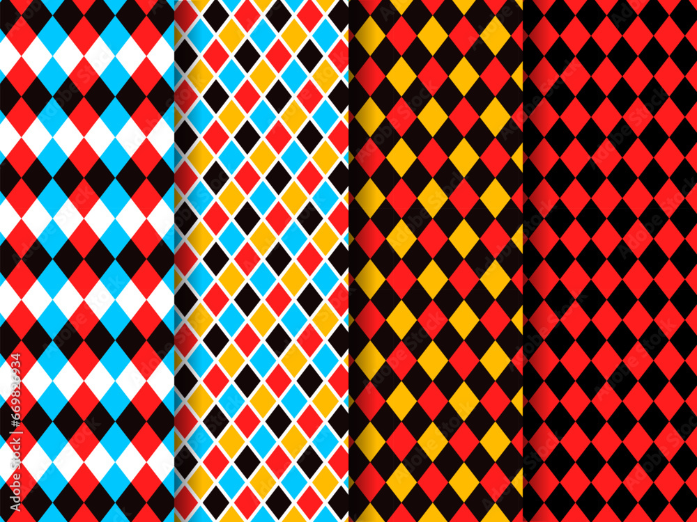 Circus red and black harlequin patterns, rhombus lozenge pattern of retro carnival, fun fair, chapiteau or masquerade vector backgrounds set. Abstract geometric ornament of color rhombus and diamonds