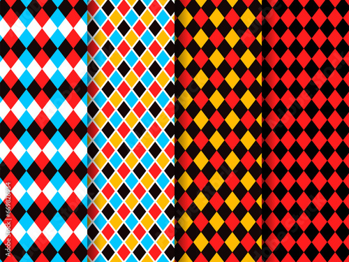Circus red and black harlequin patterns, rhombus lozenge pattern of retro carnival, fun fair, chapiteau or masquerade vector backgrounds set. Abstract geometric ornament of color rhombus and diamonds