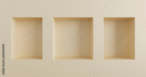 Fototapeta Naklejka Na Ścianę i Meble -  3d render beige wall with square and rectangle box shelves, empty three niches. Nude studio room minimal showcase, blank interior recess frames, abstract product presentation platform. 3D illustration