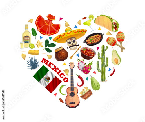 Love Mexico heart shape with cartoon mexican flag, food and music instruments. Vector calavera skull, sombrero, guitar and maracas, tequila, chili, cactus and tex mex taco, margarita and nachos