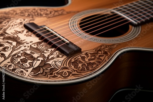 Detailed shot of a traditional guitar adorned with engraved wooden patterns. Generative AI