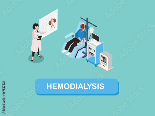 Hemodialysis equipment for treatment renal diseases failure isometric 3d vector concept for illustration, banner, website, landing page, flyer, etc.